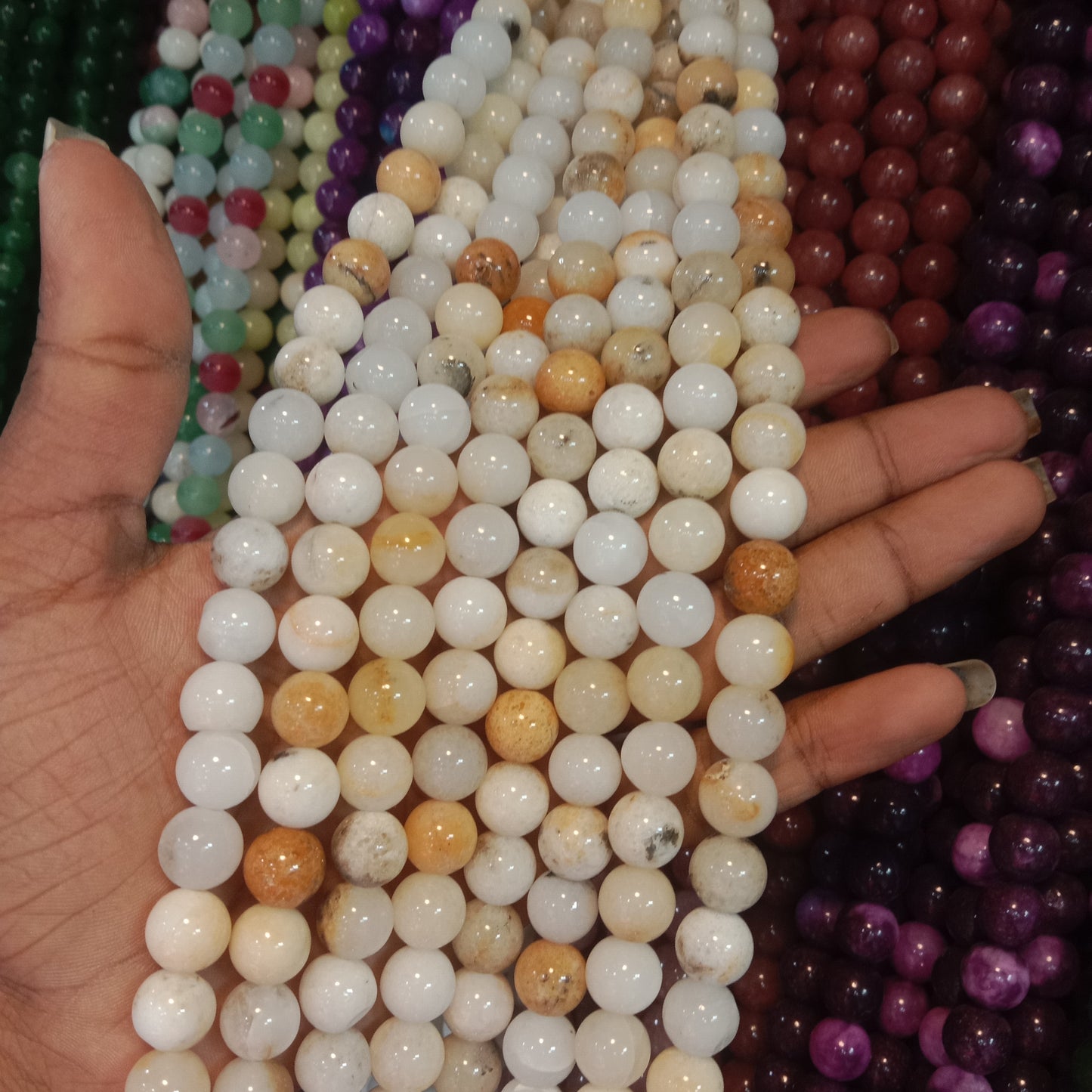 White and peach texture agate beads 10mm 1 string