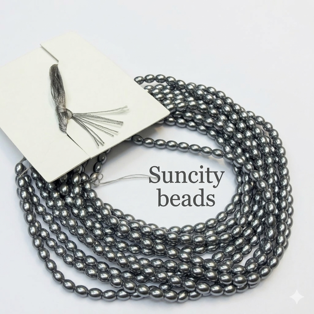 Metallic Gray colour high quality oval shape pearl beads 1 string.
