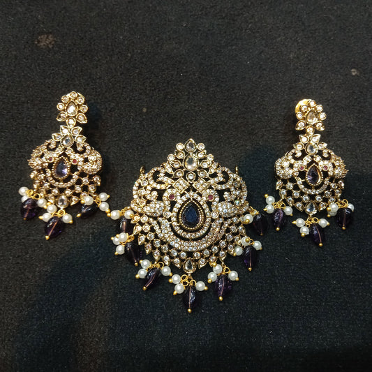 Victorian quality pendant set with earring purple colour