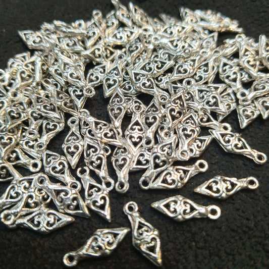 Diamond shape heart silver oxidized metal charms  1 pkt 100 pcs