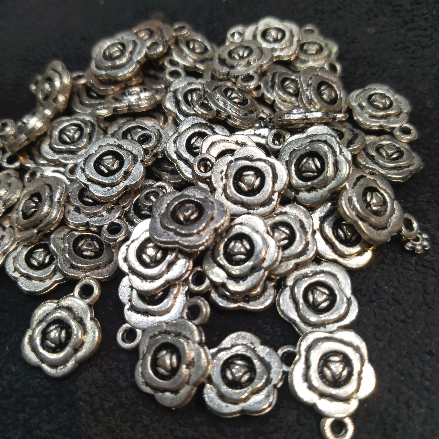 Oxidized silver rosette or camellia style flower charms round shape 12mm 1 pkt 100 pcs.