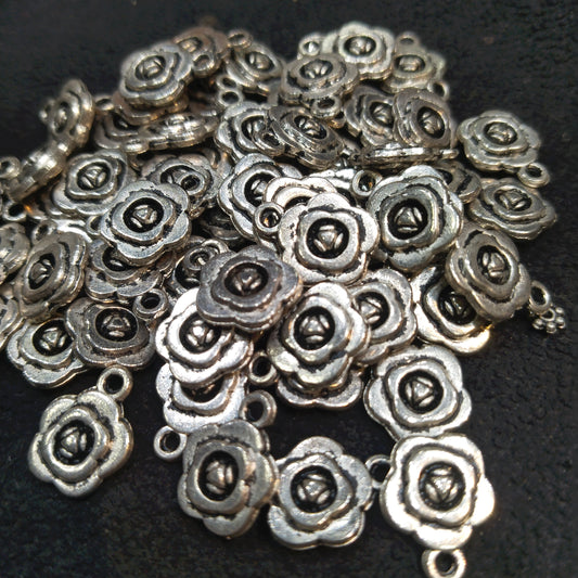 Oxidized silver rosette or camellia style flower charms round shape 12mm 1 pkt 100 pcs.