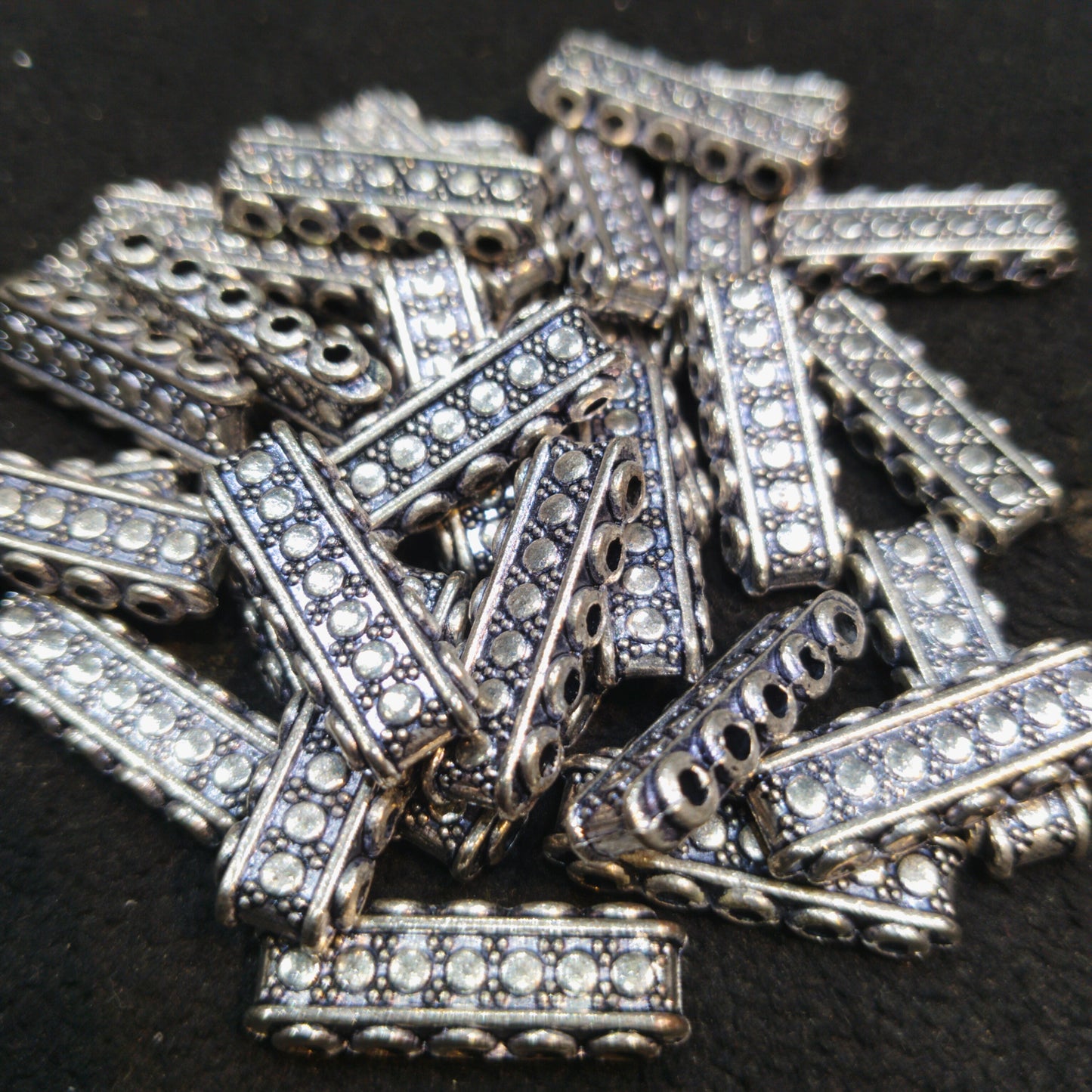 Silver oxidized long rectangular metal bars 5 hole dividers 1 pkt 50 pcs.