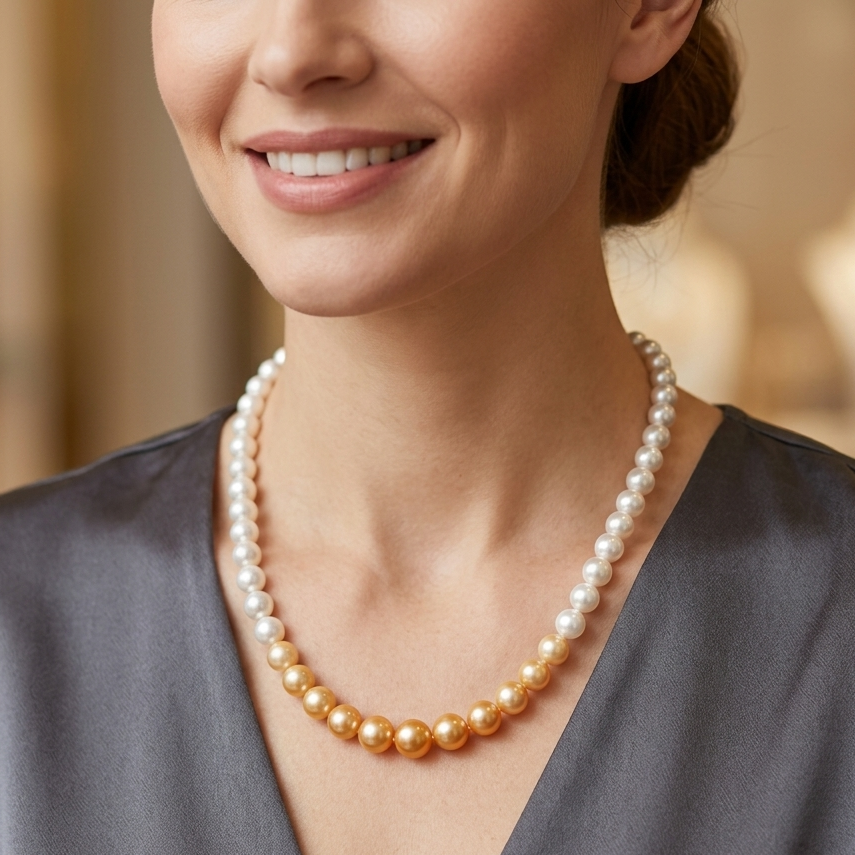 White and gold shaded High quality mettalic pearl beads 1 string