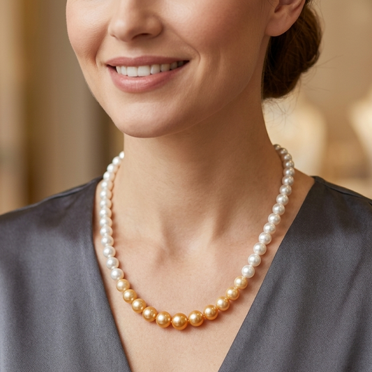 White and gold shaded High quality mettalic pearl beads 1 string